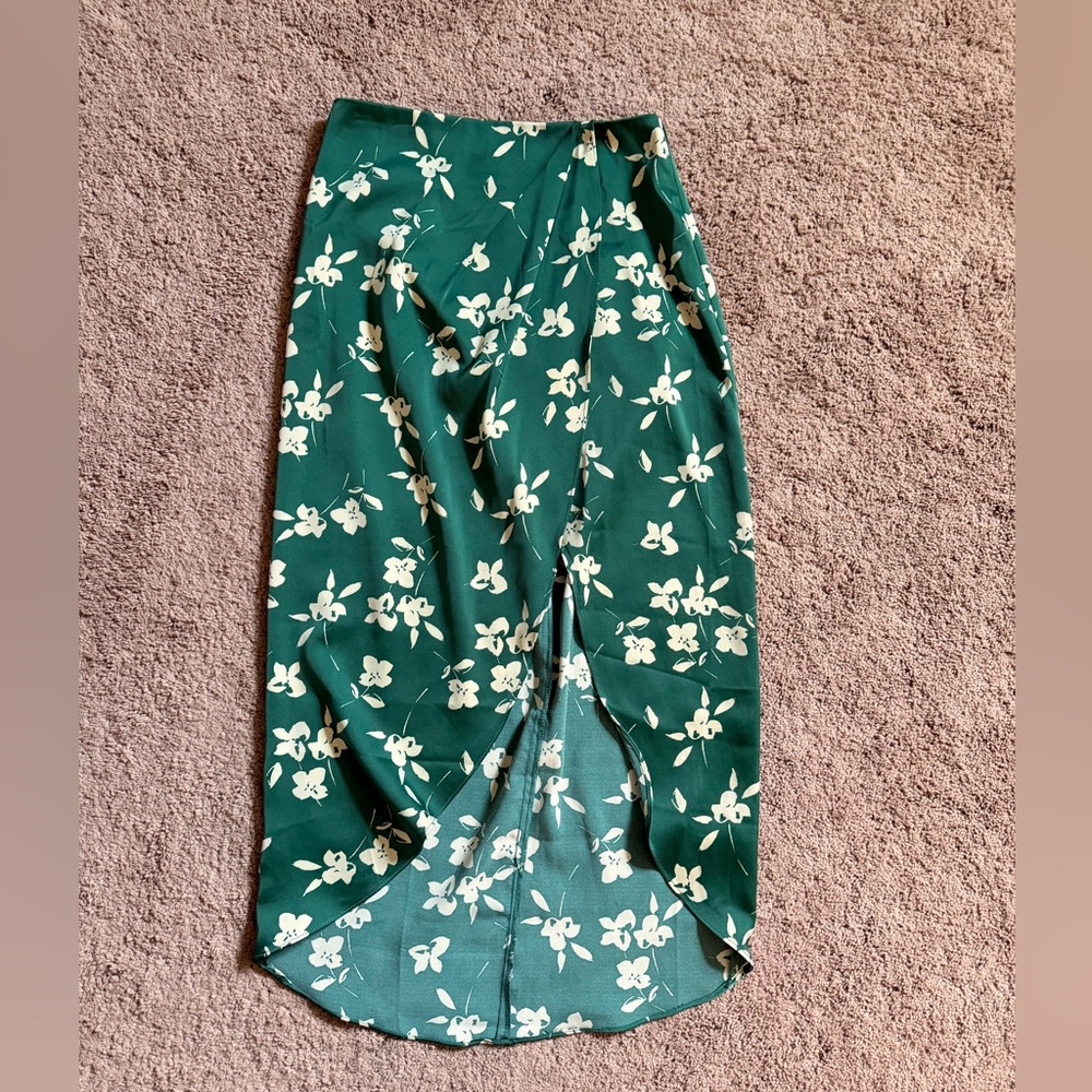 Urban Outfitters Green Floral Wrap Skirt with Cream Blooms